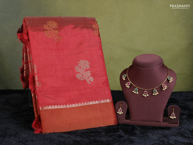 maroon semi raw silk with matching neck piece
