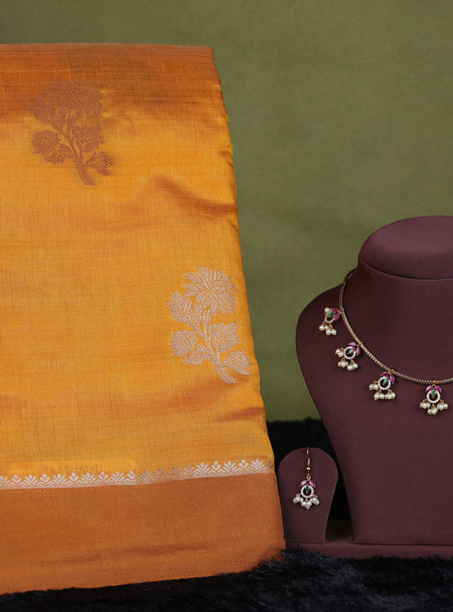 mustard yellow semi raw silk with matching neck piece