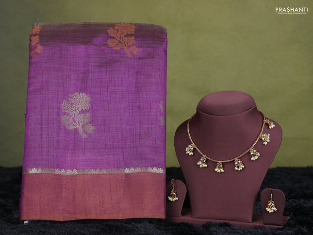voilet semi raw silk with matching neck piece