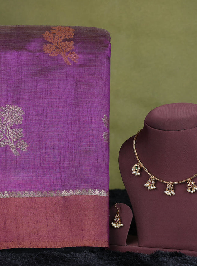 voilet semi raw silk with matching neck piece