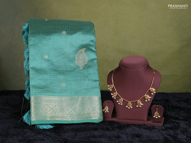 teal green shade semi raw silk with matching neck piece