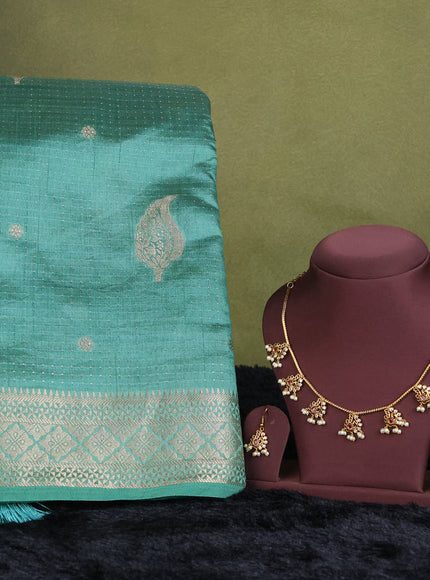 teal green shade semi raw silk with matching neck piece