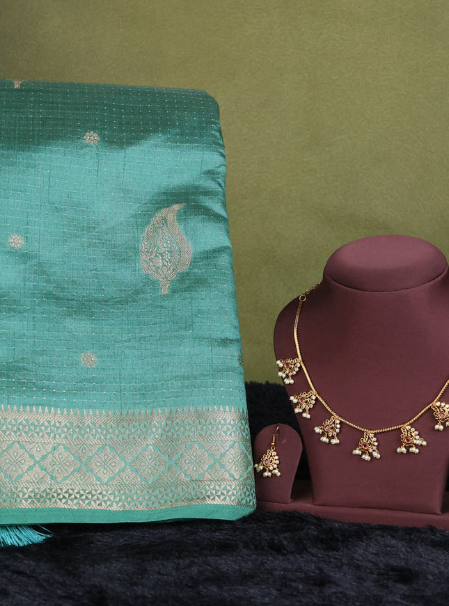 teal green shade semi raw silk with matching neck piece