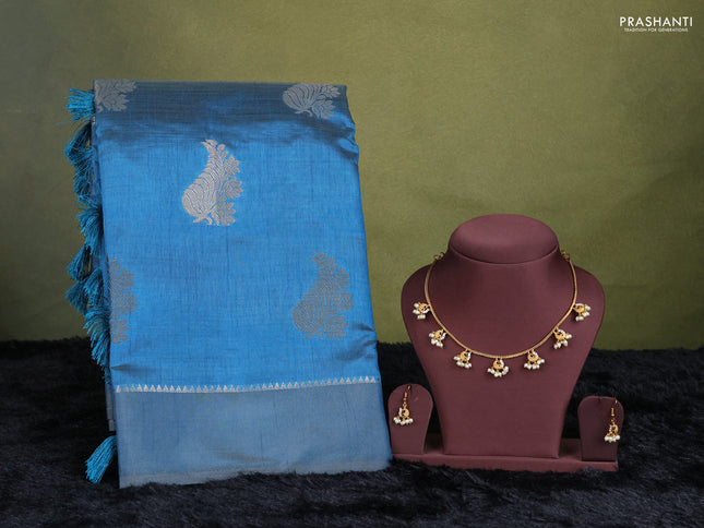 peacock  blue semi raw silk with matching neck piece