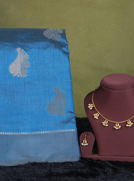peacock  blue semi raw silk with matching neck piece