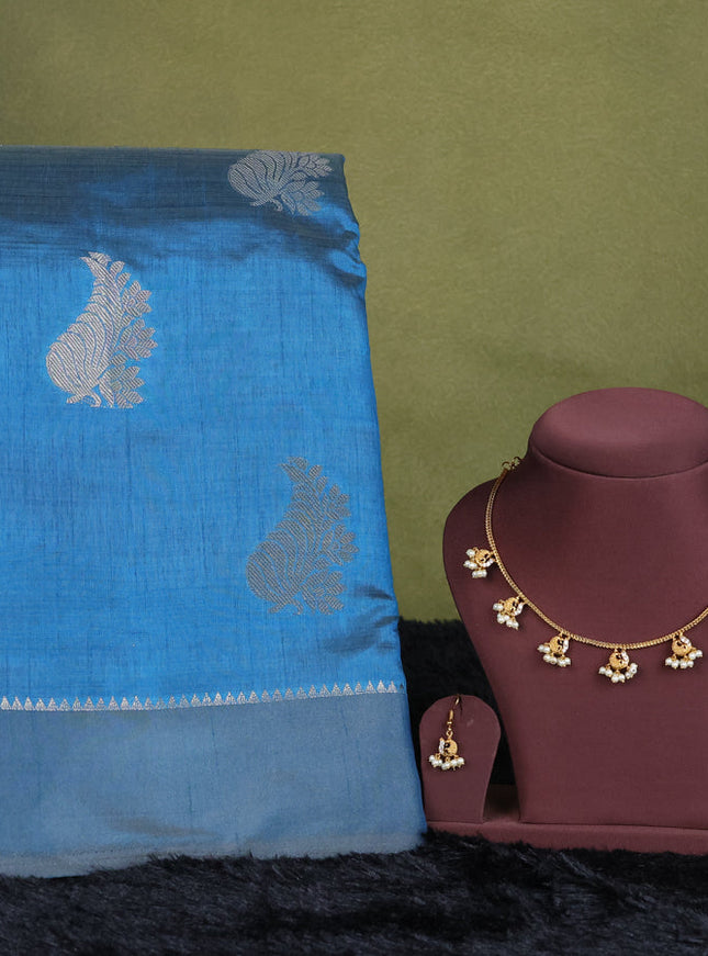 peacock  blue semi raw silk with matching neck piece