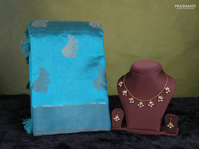 teal green semi raw silk with matching neck piece