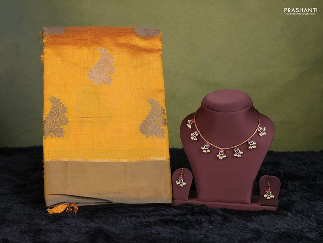 mustard yellow semi raw silk with matching neck piece