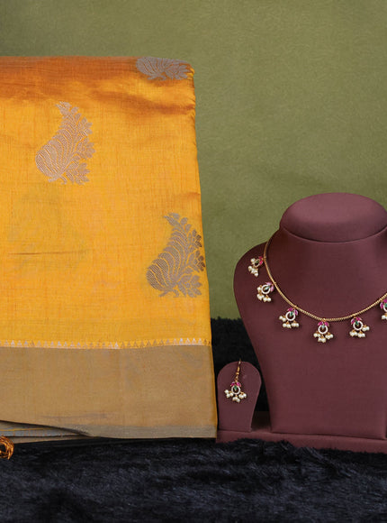 mustard yellow semi raw silk with matching neck piece