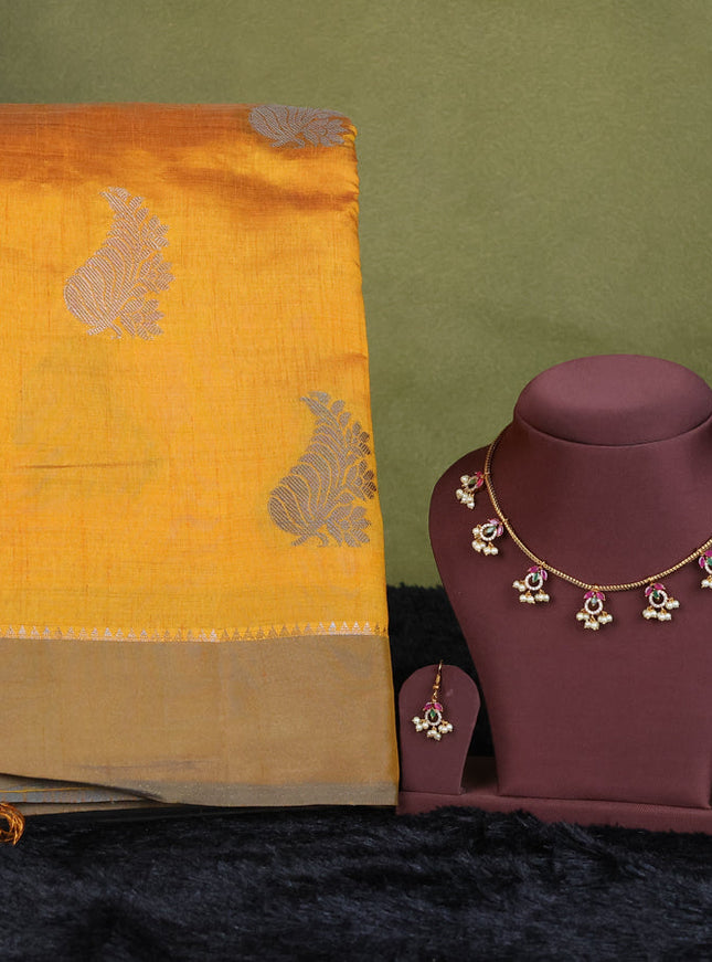 mustard yellow semi raw silk with matching neck piece