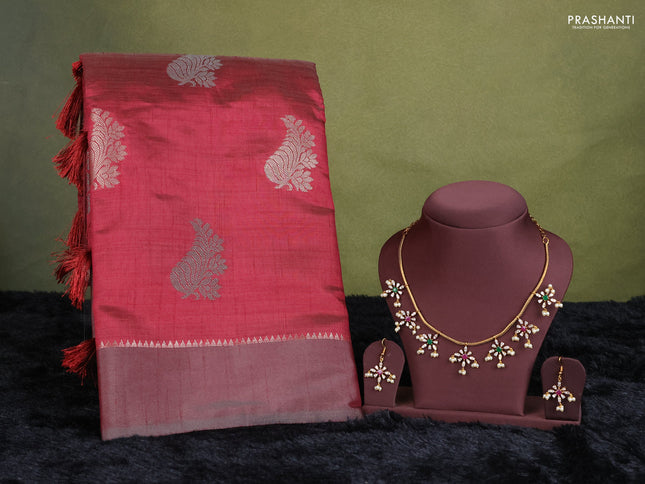 maroon semi raw silk with matching neck piece