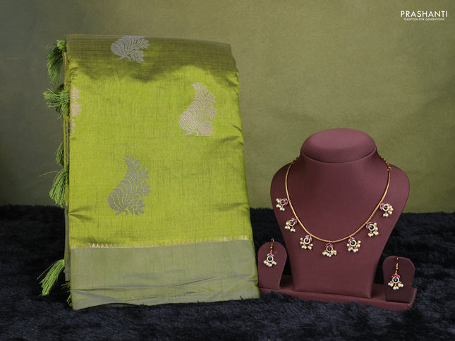 mehendi green semi raw silk with matching neck piece