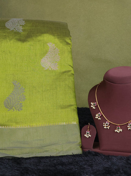 mehendi green semi raw silk with matching neck piece