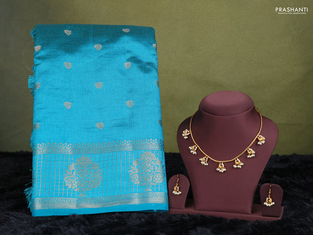 teal green semi raw silk with matching neck piece