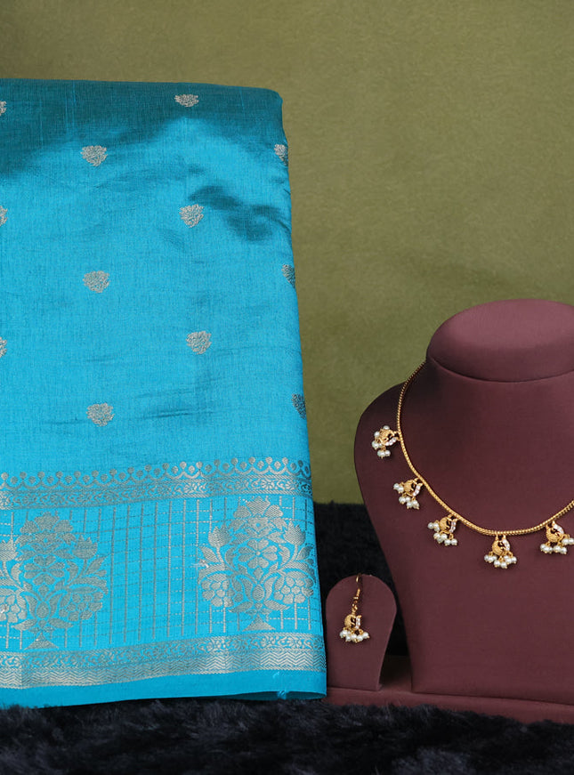 teal green semi raw silk with matching neck piece