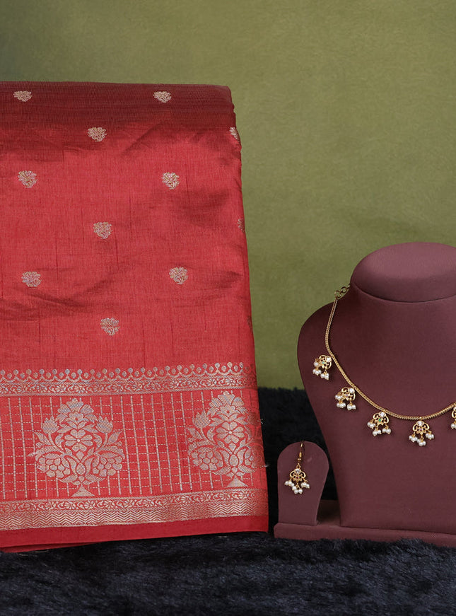 maroon semi raw silk with matching neck piece