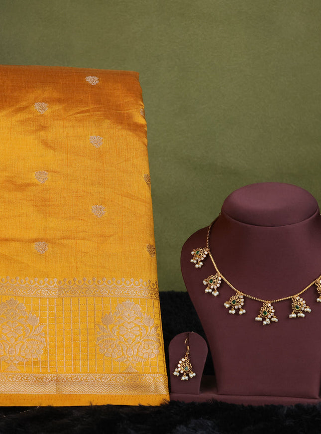 mustard yellow semi raw silk with matching neck piece