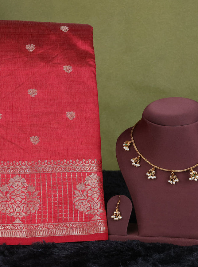 maroon semi raw silk with matching neck piece