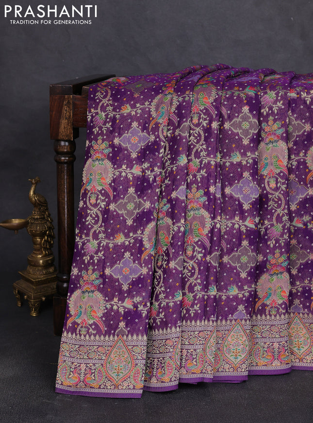 Banarasi georgette saree deep purple with allover bandhani prints & meenakari weaves and meenakari border