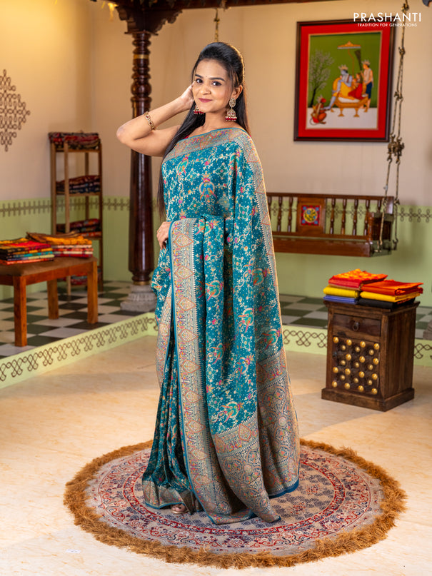Banarasi georgette saree teal green with allover bhandhani prints & meenakari buttas and meenakari border