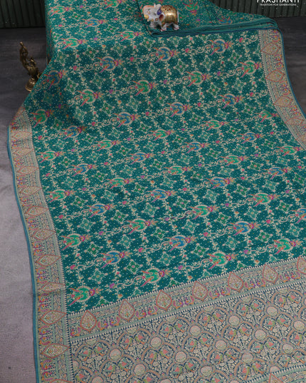 Banarasi georgette saree teal green with allover bhandhani prints & meenakari buttas and meenakari border