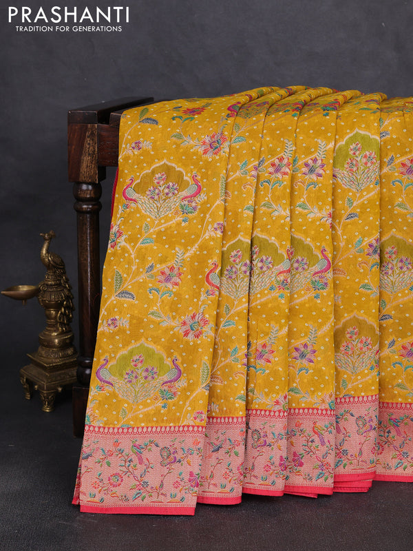 Banarasi georgette saree yellow and red with allover bhandhani prints & meenakari buttas and meenakari border