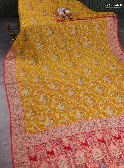 Banarasi georgette saree yellow and red with allover bhandhani prints & meenakari buttas and meenakari border