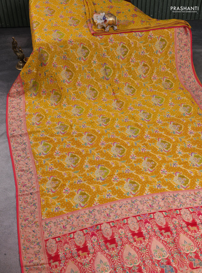 Banarasi georgette saree yellow and red with allover bhandhani prints & meenakari buttas and meenakari border