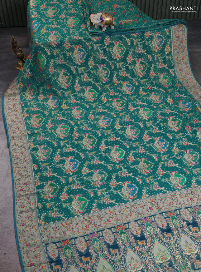 Banarasi georgette saree teal green with allover bhandhani prints & meenakari buttas and meenakari border
