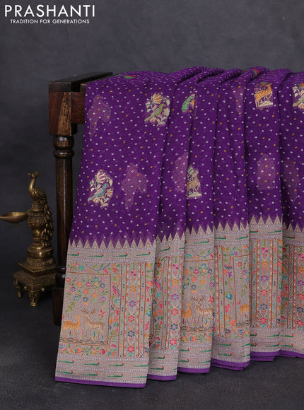 Banarasi georgette saree violet with allover bhandhani prints & meenakari buttas and long meenakari border
