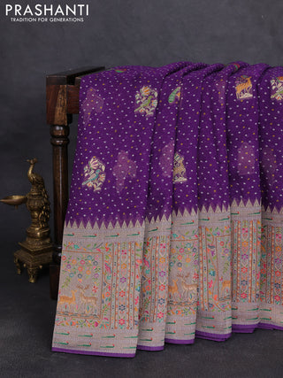Banarasi georgette saree violet with allover bhandhani prints & meenakari buttas and long meenakari border