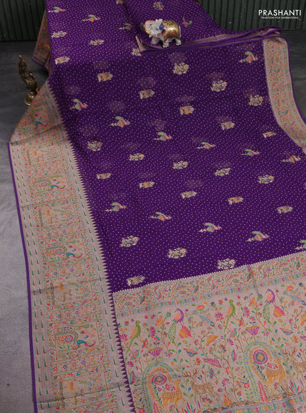 Banarasi georgette saree violet with allover bhandhani prints & meenakari buttas and long meenakari border