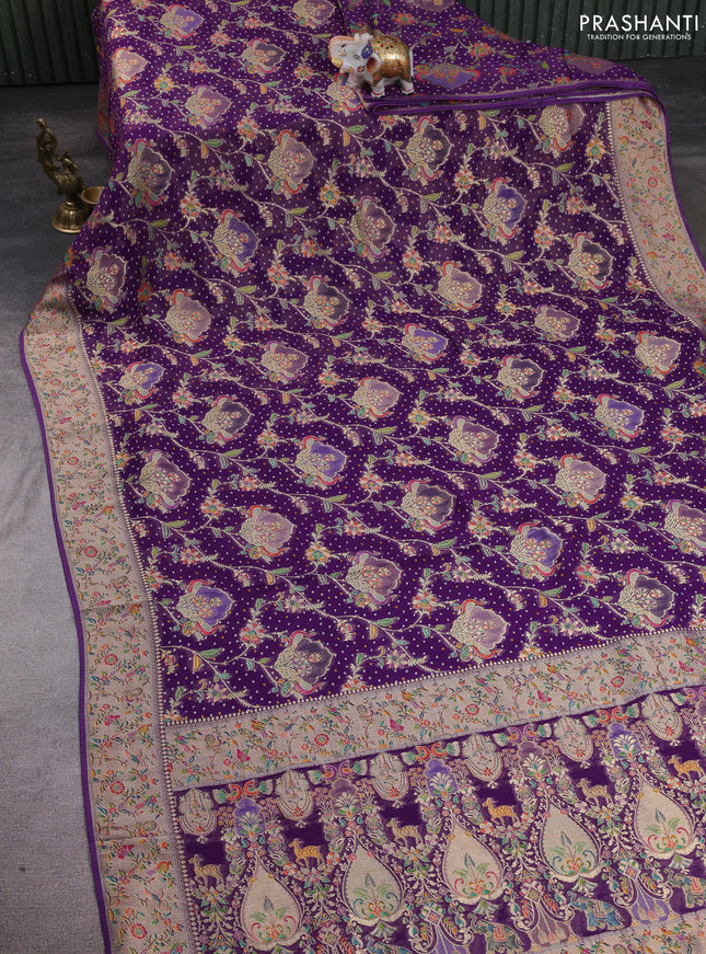Banarasi georgette saree purple with allover bhandhani prints & meenakari buttas and long meenakari border
