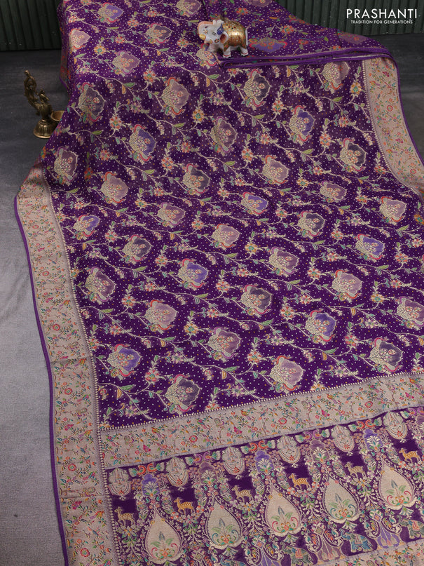 Banarasi georgette saree purple with allover bhandhani prints & meenakari buttas and long meenakari border