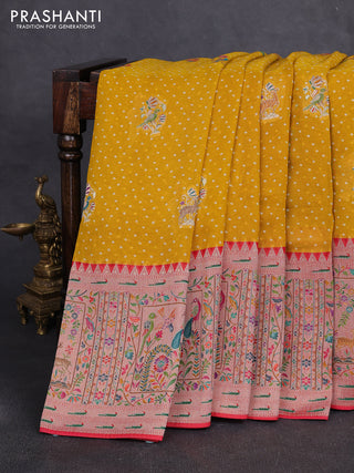 Banarasi georgette saree mustard yellow with allover bhandhani prints & meenakari buttas and long meenakari border