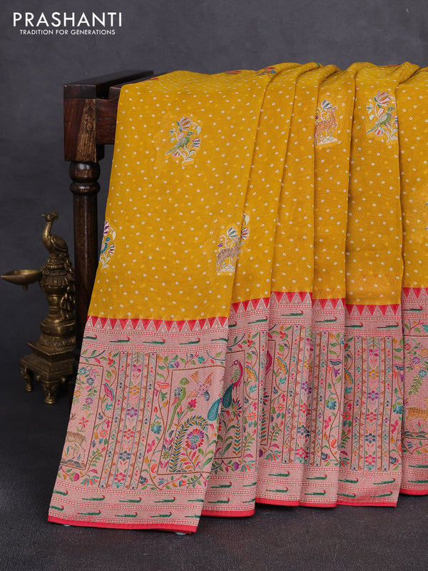Banarasi georgette saree mustard yellow with allover bhandhani prints & meenakari buttas and long meenakari border