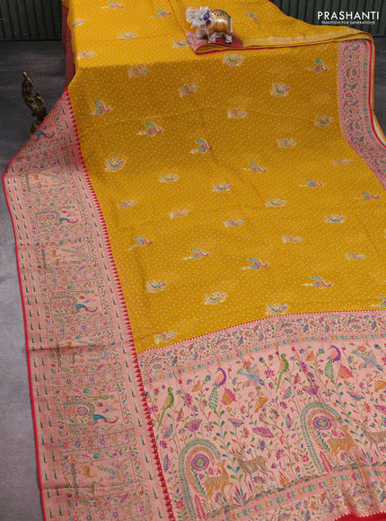 Banarasi georgette saree mustard yellow with allover bhandhani prints & meenakari buttas and long meenakari border