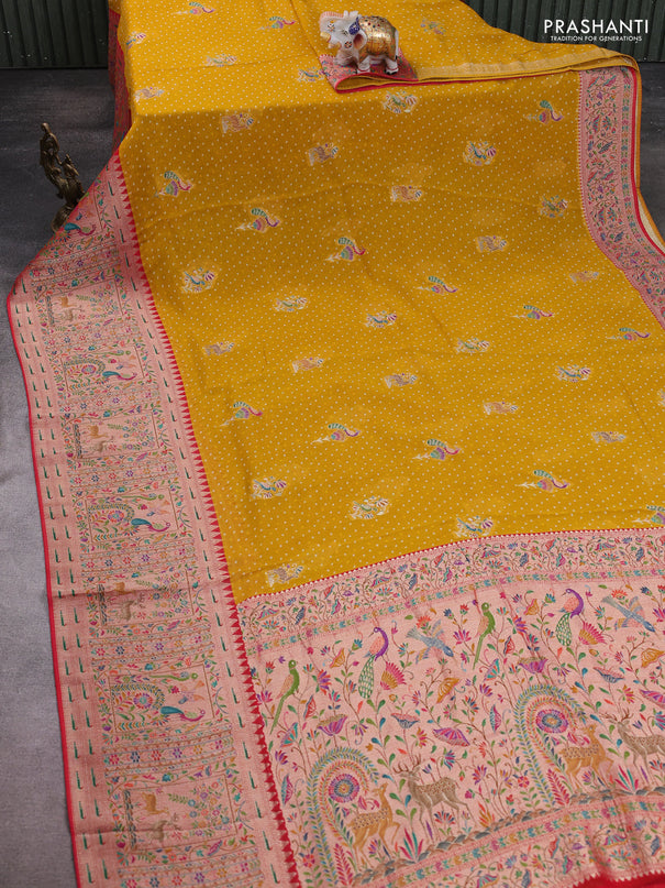 Banarasi georgette saree mustard yellow with allover bhandhani prints & meenakari buttas and long meenakari border