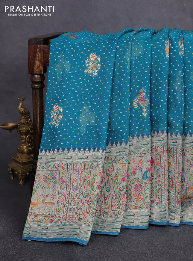 Banarasi georgette saree peacock green with allover bhandhani prints & meenakari buttas and long meenakari border