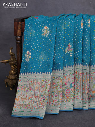 Banarasi georgette saree peacock green with allover bhandhani prints & meenakari buttas and long meenakari border