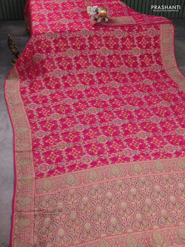 Banarasi georgette saree pink with allover bandhani prints & meenakari weaves and long meenakari border