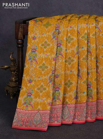 Banarasi georgette saree mustard yellow with allover bandhani prints & meenakari weaves and long meenakari border