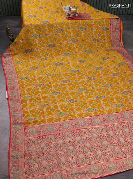 Banarasi georgette saree mustard yellow with allover bandhani prints & meenakari weaves and long meenakari border