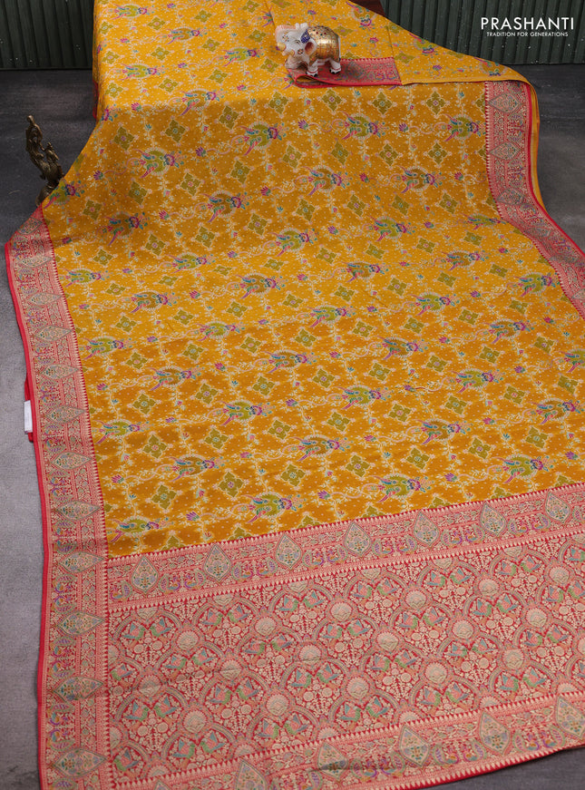Banarasi georgette saree mustard yellow with allover bandhani prints & meenakari weaves and long meenakari border