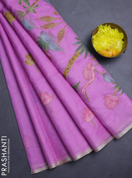 Kota saree purple with allover hand paints & kantha stitch work and zari woven piping border