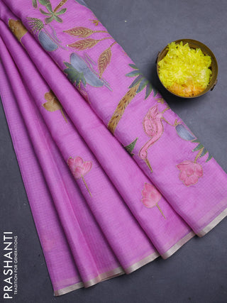 Kota saree purple with allover hand paints & kantha stitch work and zari woven piping border