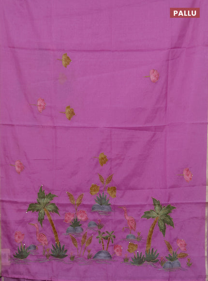 Kota saree purple with allover hand paints & kantha stitch work and zari woven piping border