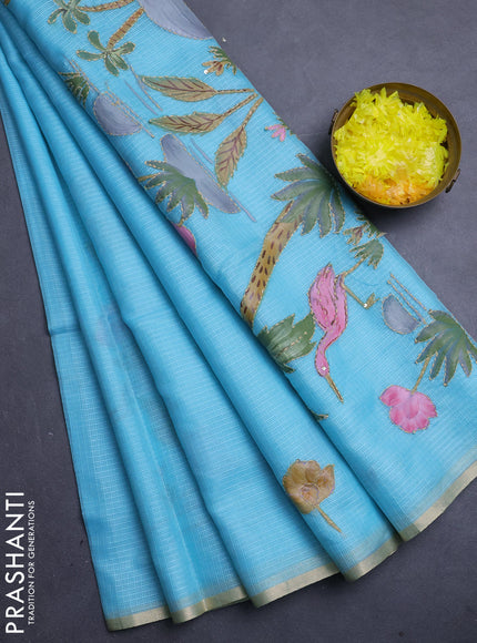 Kota saree turquoise with allover hand paints & kantha stitch work and zari woven piping border