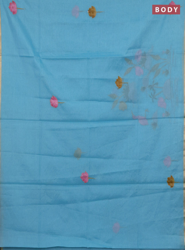 Kota saree turquoise with allover hand paints & kantha stitch work and zari woven piping border
