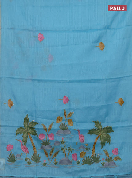 Kota saree turquoise with allover hand paints & kantha stitch work and zari woven piping border